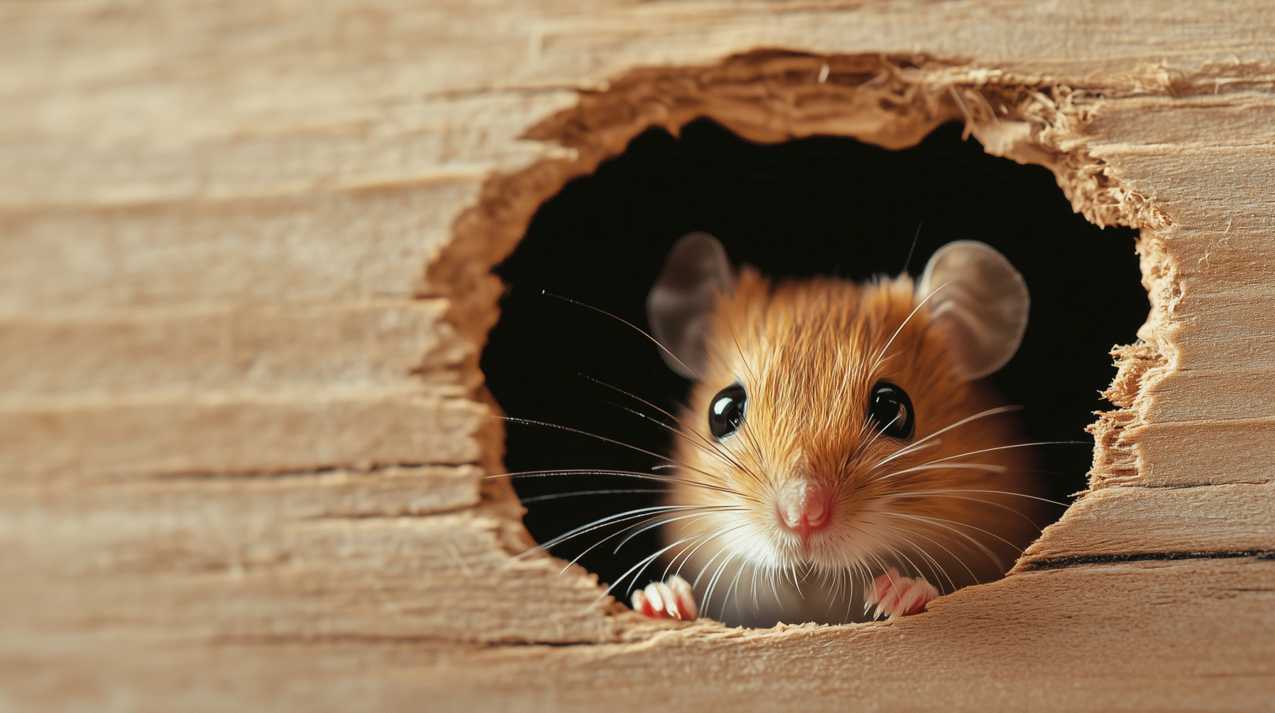 mouse peeping out of small hole in wood