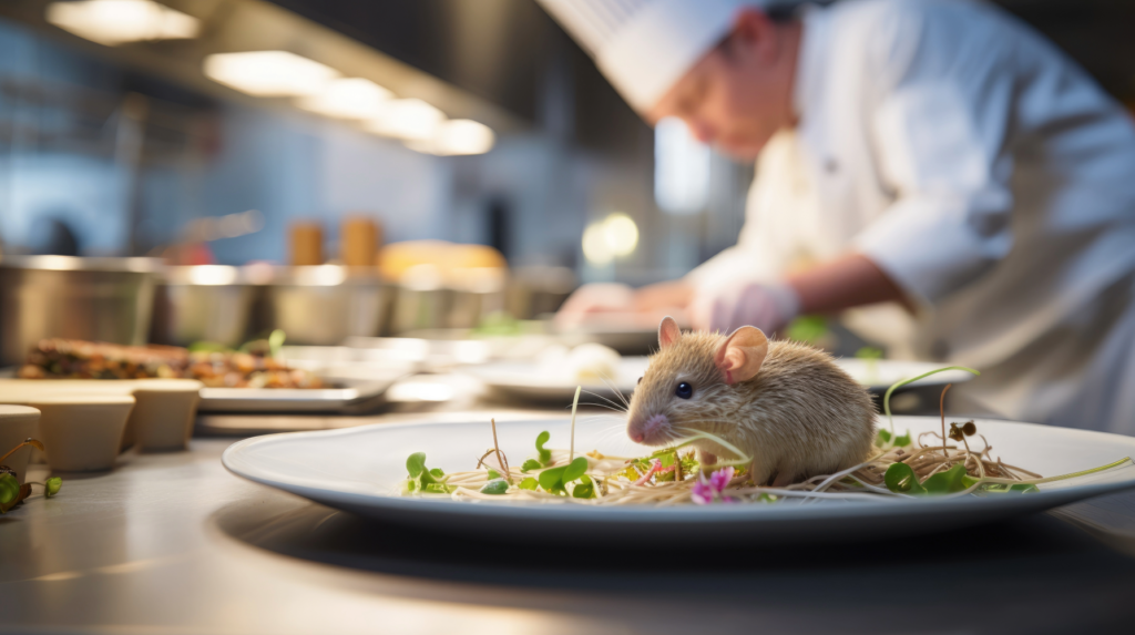 mouse on a plate in a restaurant kitchen